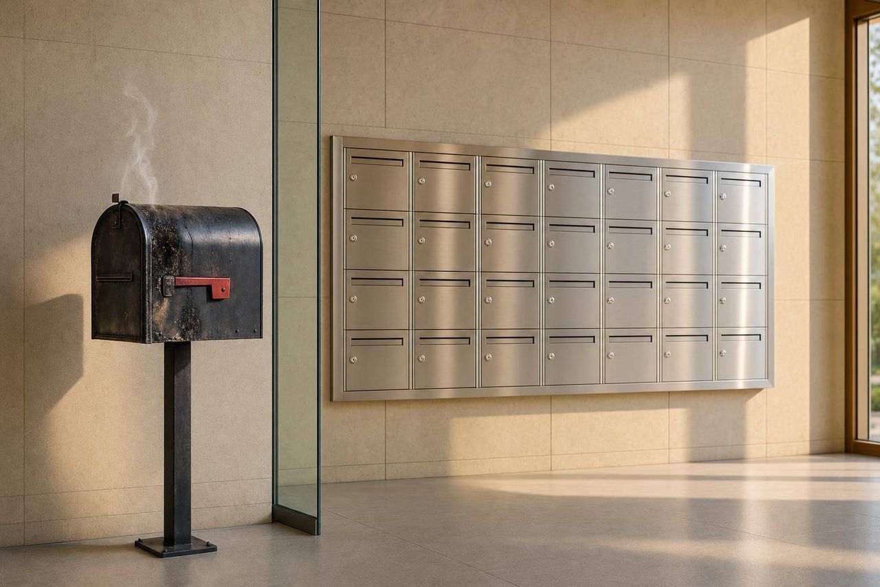 Burned email mailbox icon with warning symbols and repair tools