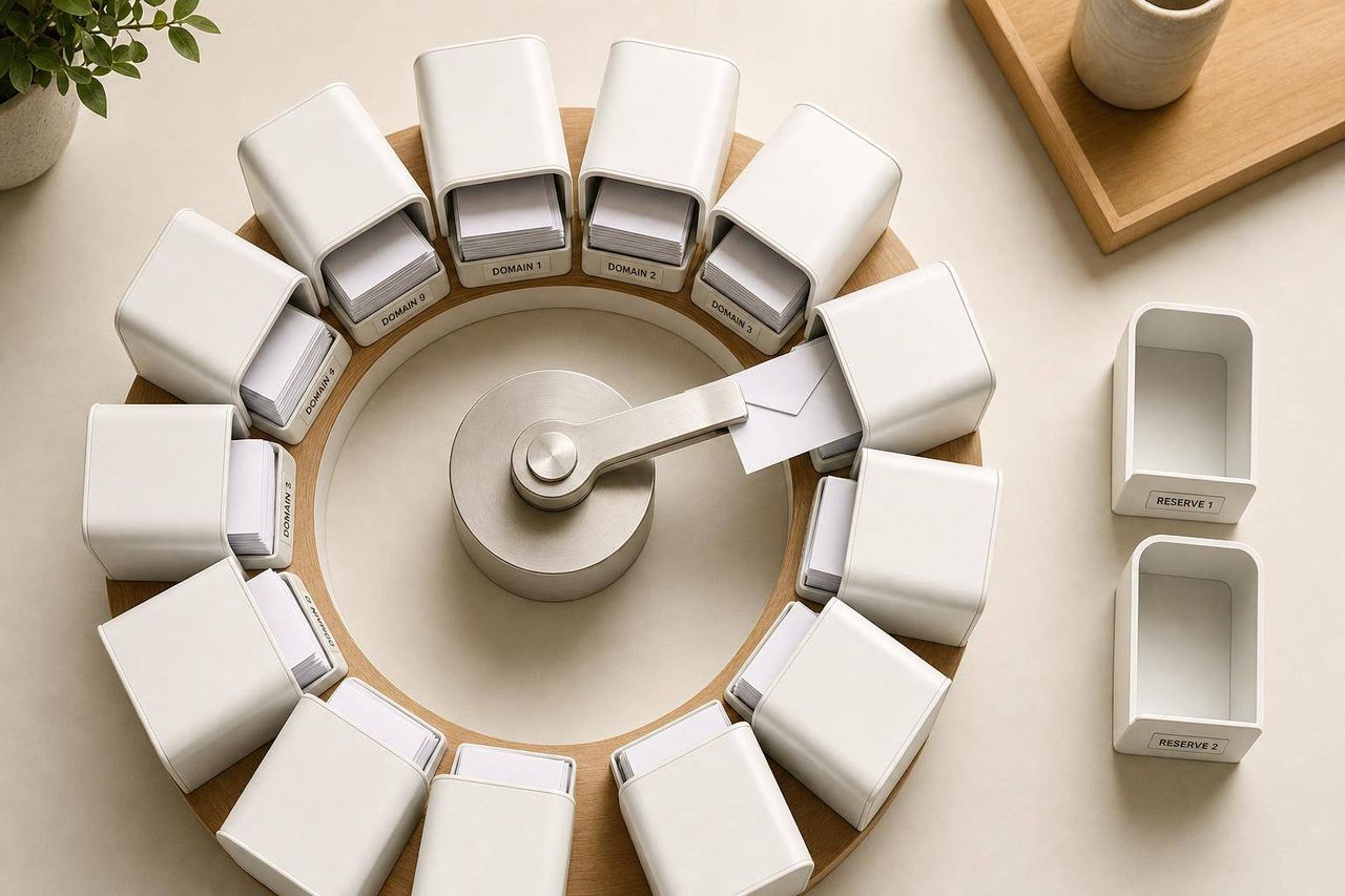 Email domains rotating in circular pattern with monitoring metrics dashboard