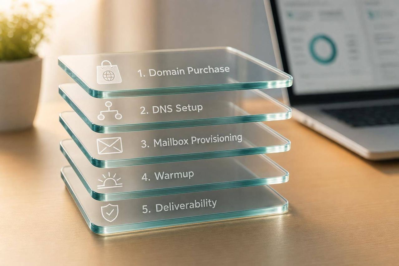 Multiple email domain icons connected to automated mailbox setup workflow diagram